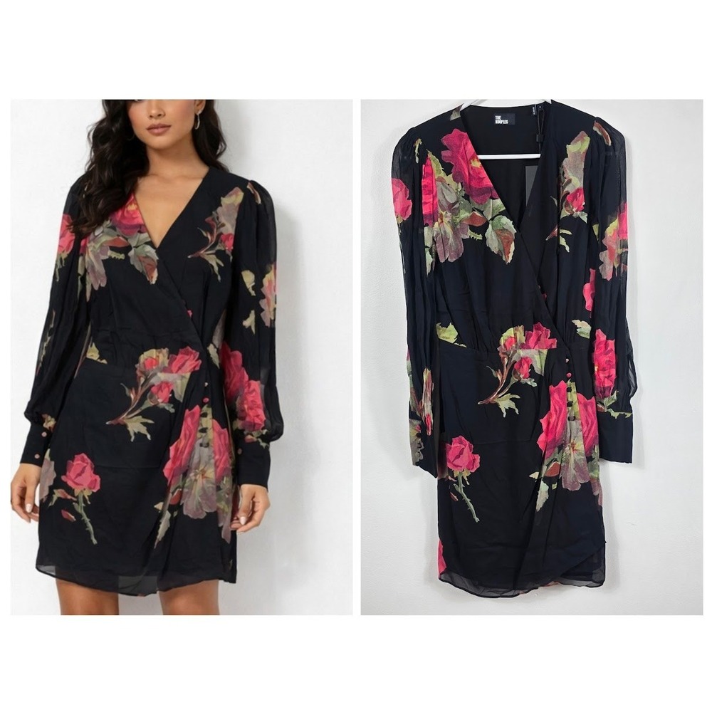 The Kooples Floral Wrap Mini Dress Women Size 0‎ Black Pink Rose Luxury